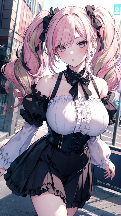 Saggy breasts,Mature Woman,Huge breasts, Huge breasts,alone,fix,((teasing)),eye shadow,lip,Glossy eyelashes,Pink Hair,Black Hair, ((Two-tone hair)),Twin tails,Earrings, Detailed decoration, oh,Half-eye,Embroidered, corset, Suspender skirt, Frilled Skirt, O...