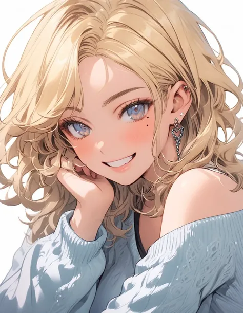 smile，One Grown Up Gal，earrings，mole under eye、Light blue sweater with shoulders sticking out、gray eyes、cute、Short blonde hair、