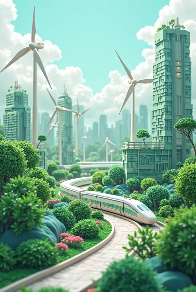 World Earth Day, green city, solar panels and wind turbine, modern buildings, High-speed rail, and 3d paper