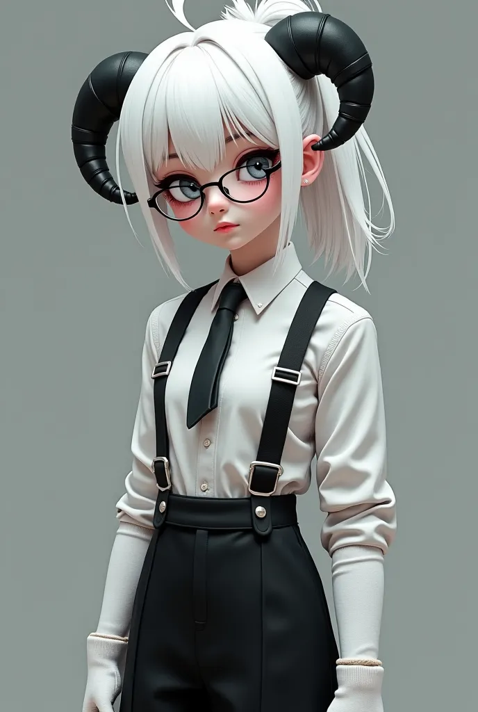 A girl with white pony hair
White suit and vest with gloves
Grey Eepy sad Eyes
Horns of the forsaken
Low thin round glasses black
Mini black skirt
Elite suspender waist straps silver
Knitted arm warmers very white 