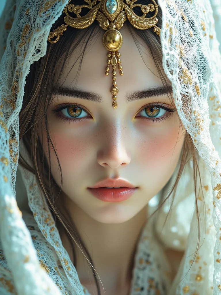 8k, Excellent Performance, Top Quality, Close-up, forehead, slightly low angle. Pale skin, Golden eyes ,  sweet appearance ,  Lips . intricate gold head jewelry set,  slippery flowing fabric , Fine line pattern, Metallic shadow. , Passive gesture, partiall...