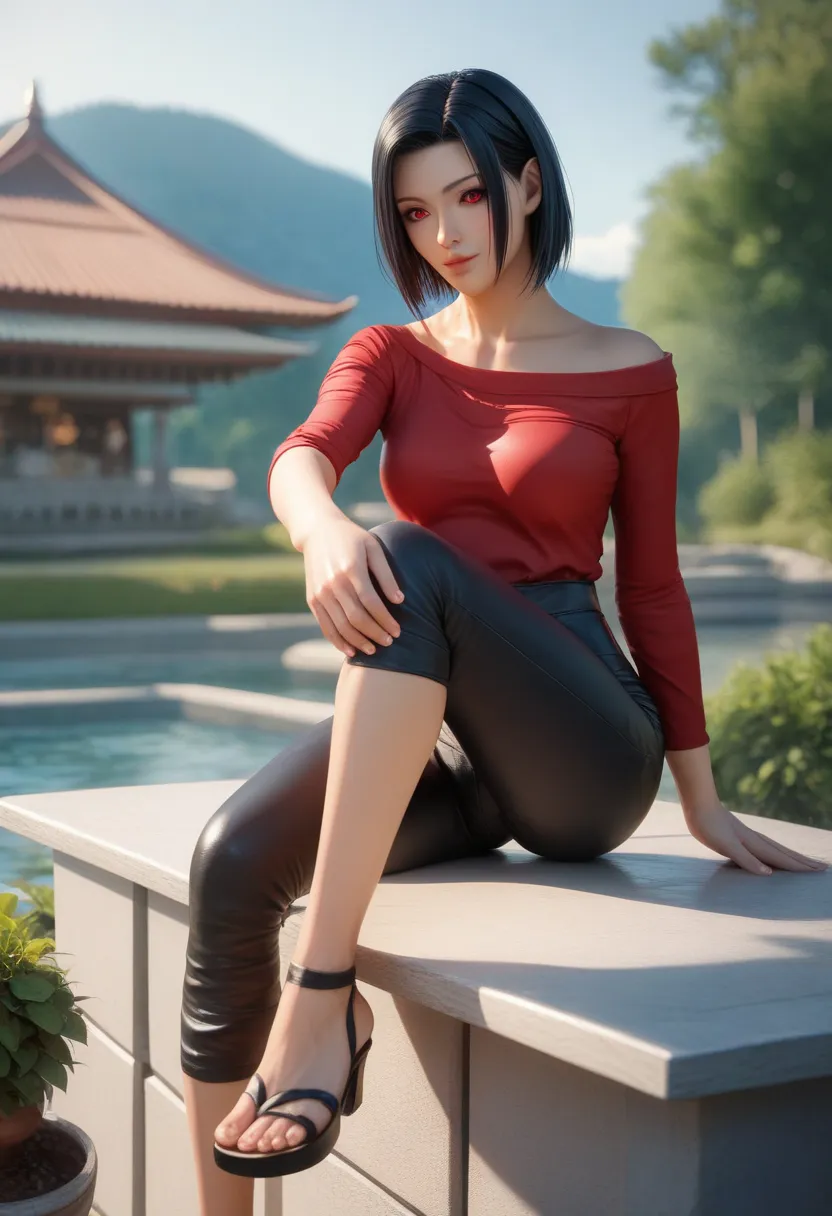 (Beautiful woman aged 12-s), using turtle neck underwear covering the wrists, and dabbling in a short-sleeved red shirt, ( with black hair *Front *like sasuke uciha, *back*shoulder-length wolfcut model) , (red-eyed with sweet gradations), (flat face look),...