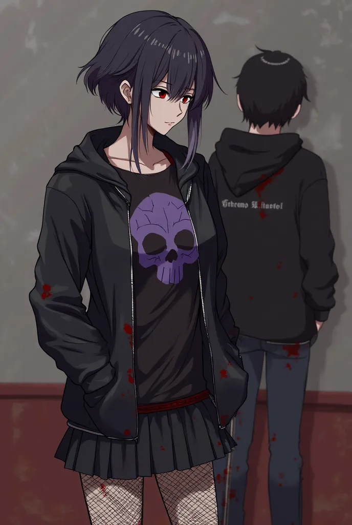 1 female, ager, a black jacket, a black top with a purple skull, black net jeans with a skirt over it, blood everywhere, a little away,1 male stand looking at her form the back, he his black hair, he his red glowing eyes, he his black hoodie, 