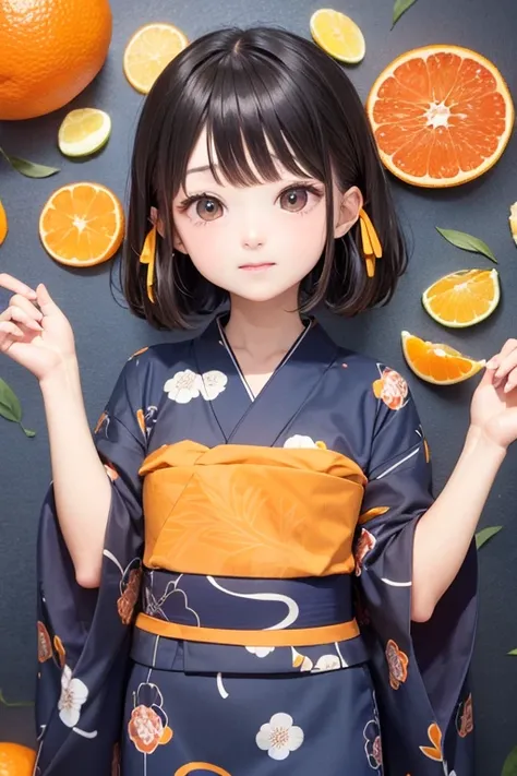 A yukata with a mandarin orange pattern on a navy blue background