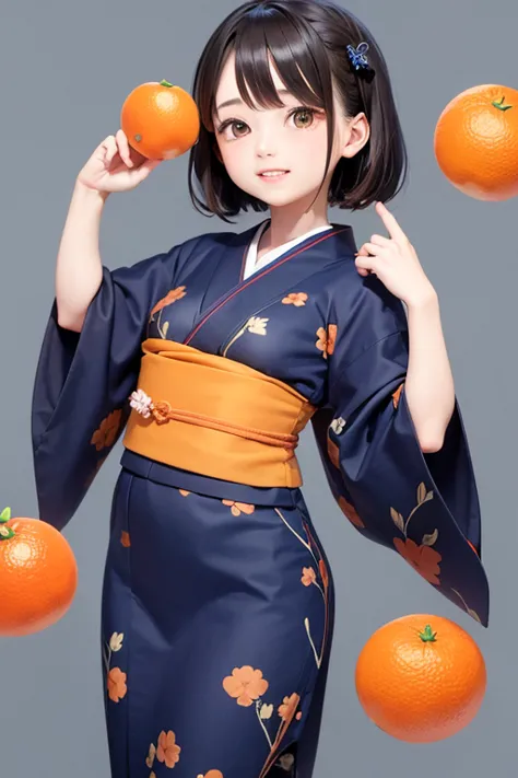 A yukata with a mandarin orange pattern on a navy blue background