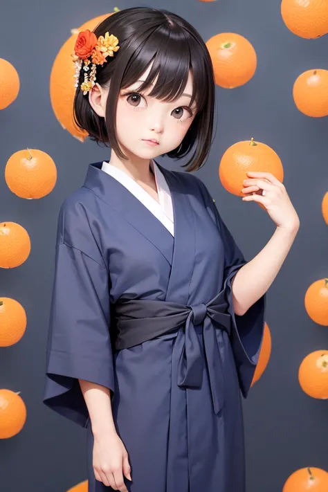 A yukata with a mandarin orange pattern on a navy blue background