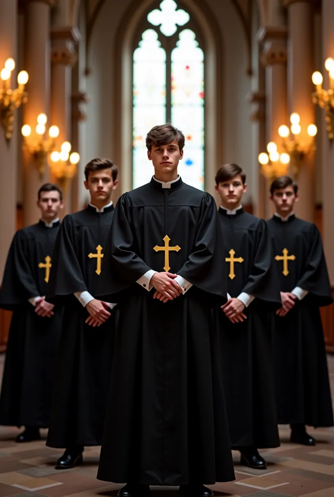 arafed group of people in black vestes standing in a church, uma capa de álbum de Tomàs Barceló, obturador, escola de quito, dressed as a judge's vestes, in vestes, wearing black vestes, clad in vestes, usando hogwarts!!! vestes!!!, in dark vestes with gol...