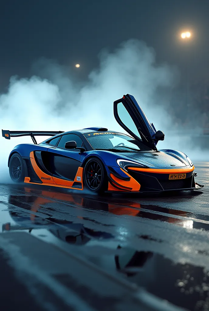 Mclaren mp4-12c 2013 drift car, professional drift car, fórmula drift, drifting, mp4-12c 2013, Mclaren tuned car, Mclaren fórmula drift car, supercar drifting, Mclaren mp4-12c, blue and orage icônic livery, tuned car, drifting, side view, full car view, hi...