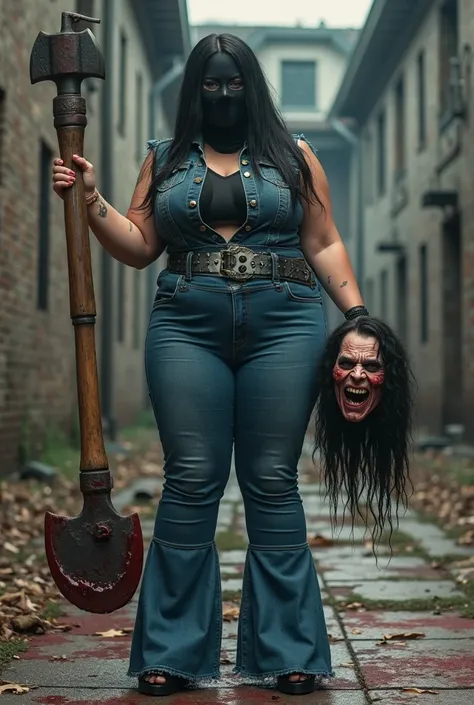 Black creepy full face lycra balaclava curvy female. - She wears long blue mermaid bell bottom jeans, huge belt, short denim vest, high platform heels. - She holds a severed head of a ugly man in the right hand, with long, dark hair hanging down, the man's...