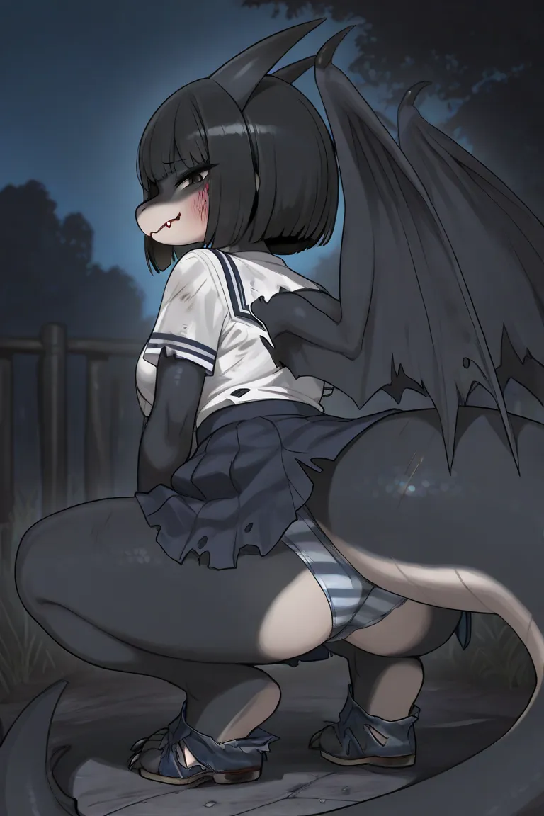 Furry,Kemono,dragon,Large two wings from back,girl,torn School uniform,ripped shoes,skirt,dirty striped pattern blue panties,evil face,sharp claws,((big tail)),night,bob cut,claws marking,Crouching