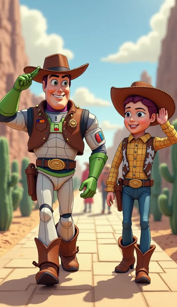 
Draw Buzz Lightyear parading alongside a , both dressed as cowboys from the Wild West. Buzz must be wearing a brown hat, plaid shirt, leather vest and cowboy boots with a spur. The  may be wearing a similar look, holding a small bow or wearing a belt with...