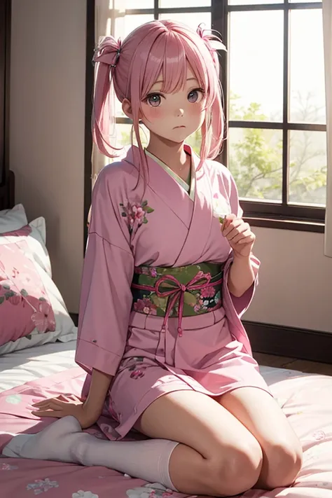 high image quality、light pink, semi-long hair with pink ribbons in twin tails、１３A girl about years old、wearing a light pink yukata and pink knee socks、sitting on the bed with an uneasy expression、The background is a Japanese-style room with white wallpaper...