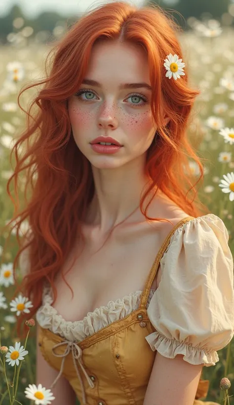 A realistic portrait of a 25-year-old woman with red loose hair in soft waves and a single small tiny daisy in her hair, with big azure eyes and freckles on the cheeks and nose, gentle look at the viewer, open lips ,  small nose , she wears a cream colored...