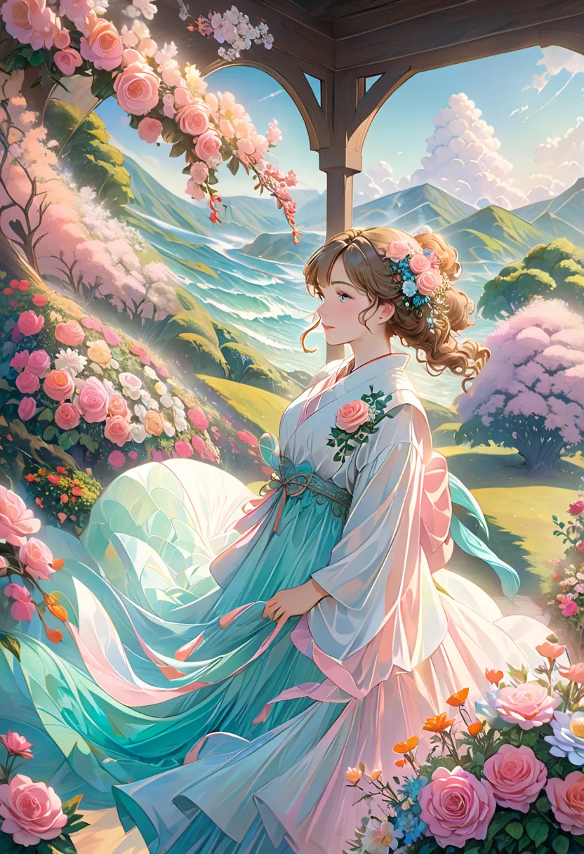  Whimsical Fantasy 、Elegant rose flower、botany、 minimalism、Wave of flowers、Flowing Flower、 hazy pastel pink floating garden, Aqua Green,  Pastel Apricots , Smoke Fractal, There is a good atmosphere、Very realistic flowers, octane rendering, Josephine Wall A...