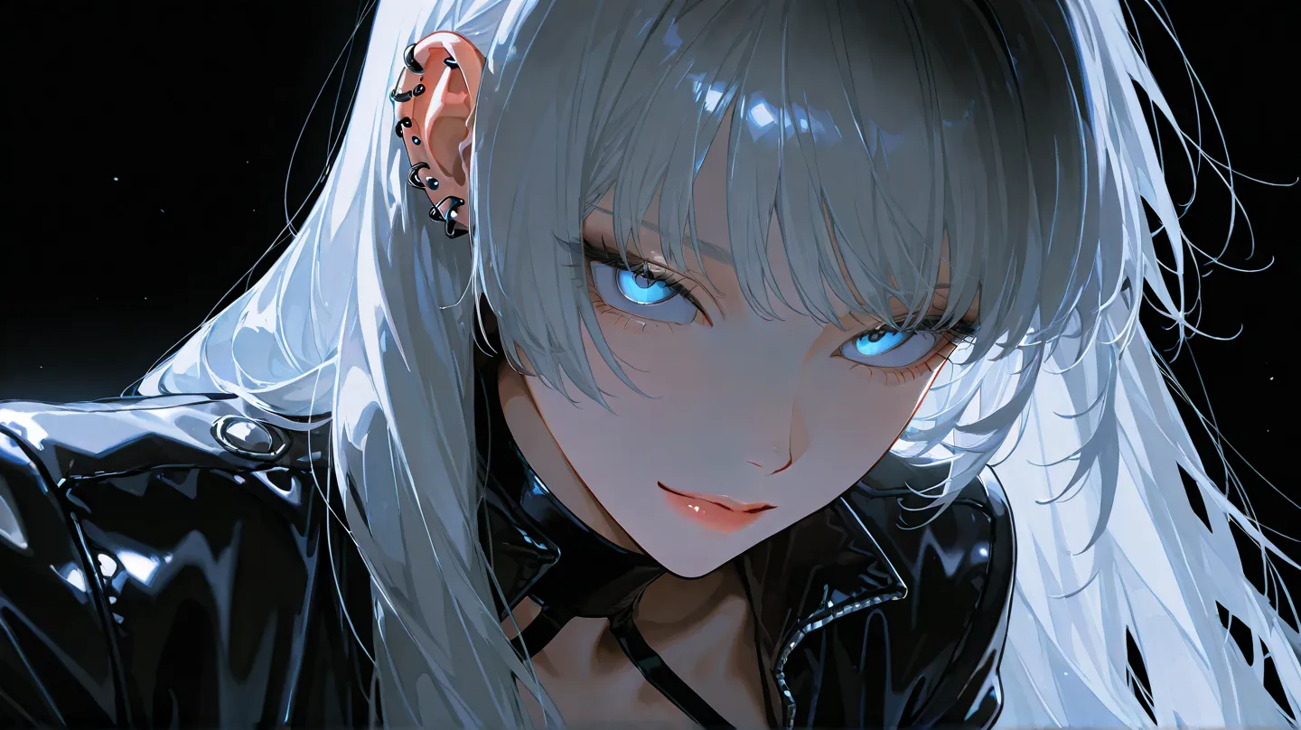  1 female,  girl like a man，Nice face , long hair，Light Hair ，Halterbra，bangs,  blue eyes , black background,  ear piercing，black theme，Riders Jacket，has condescending eyes