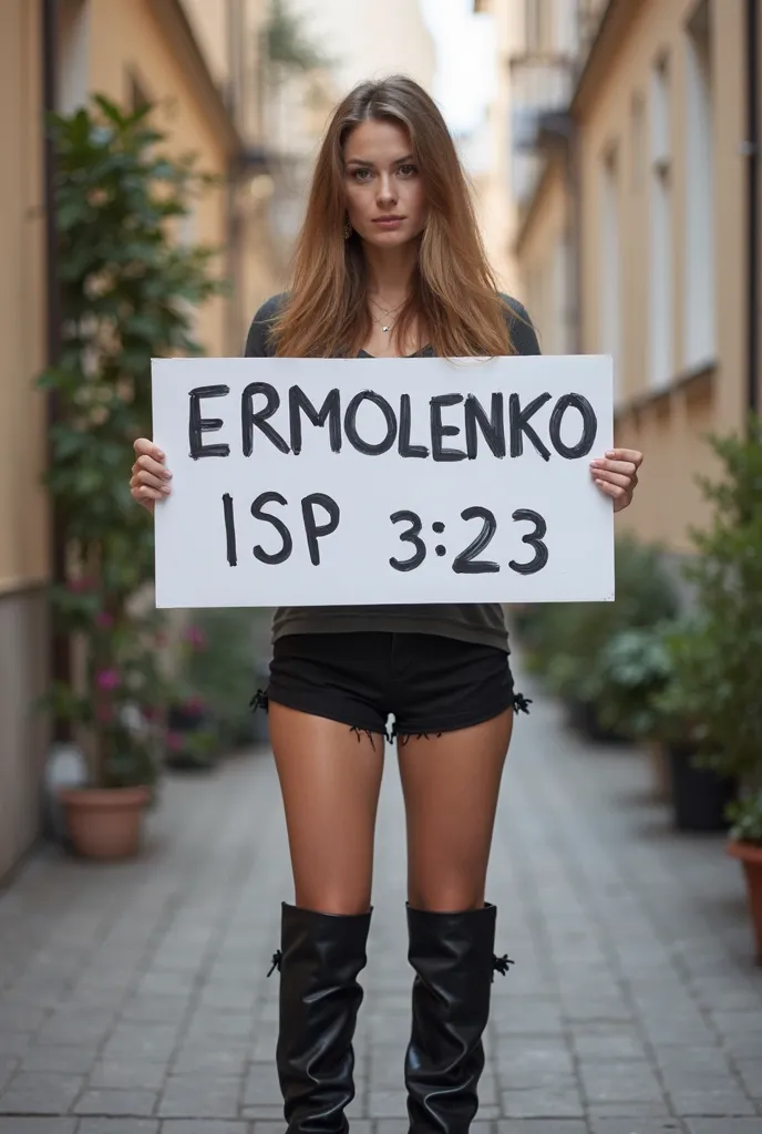 Russian woman with long hair on high boots on high heels in black shorts, Holding a white board marked "ERMOLENKO ARSENIY ISP 3-23" in the Moscow courtyard