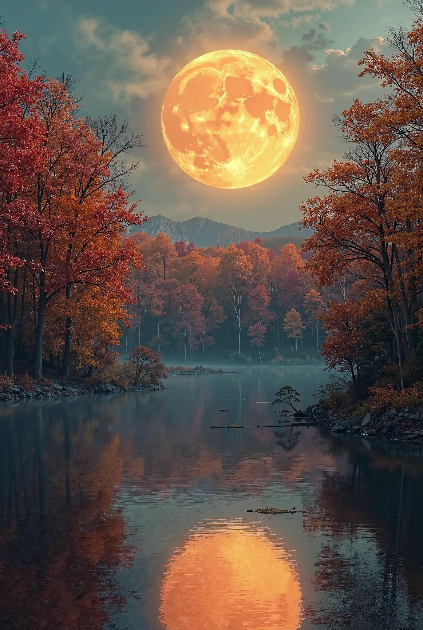 Create a surreal landscape featuring a large, glowing full moon with a golden hue in a twilight sky. The moon should be prominently positioned above a dense forest of trees with vibrant autumn foliage in shades of red, orange, and yellow. The trees should ...