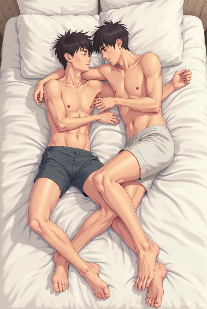 Anime two guys, , lie on the bed in shorts with their legs spread 