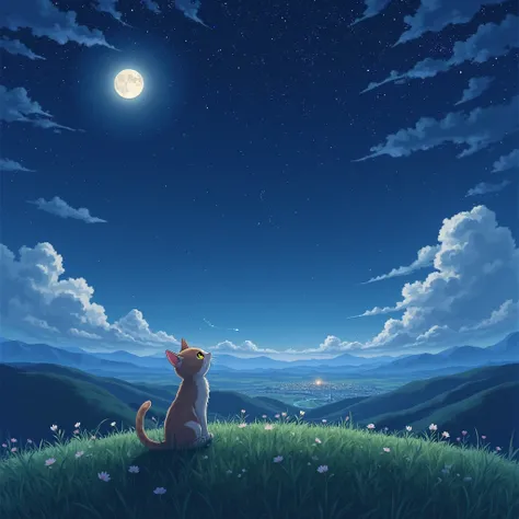 A stunning anime-style illustration of a small cat sitting alone on a lush grassy hill at night, gazing up at the vast, starry sky. The cat has soft, fluffy fur with subtle highlights from the moonlight, and its tail is curled gently around its paws. Its e...