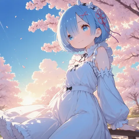 masterpiece, best quality, ultra-detailed,iro_mugen_illu,trk,Cute 1girl\(rem \(re:zero\),cyan eyes,light smile,shiny skin\),(dynamic pose:0.25) ,A soft, pastel-colored spring background filled with blooming cherry blossoms gently swaying in the breeze, del...