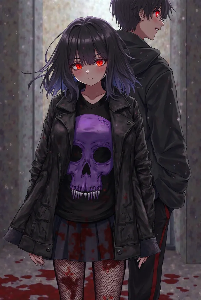 1 female, ager, a black jacket, a black top with a purple skull, black net jeans with a skirt over it, blood everywhere, a little away,1 male stand looking at her form the behind, he his black hair, he his red glowing eyes, he his black hoodie, 