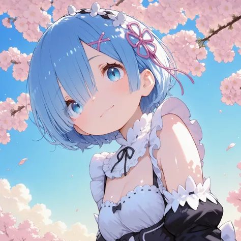 masterpiece, best quality, ultra-detailed,iro_mugen_illu,trk,Cute 1girl\(rem \(re:zero\),cyan eyes,light smile,shiny skin\),(dynamic pose:0.25) ,A soft, pastel-colored spring background filled with blooming cherry blossoms gently swaying in the breeze, del...