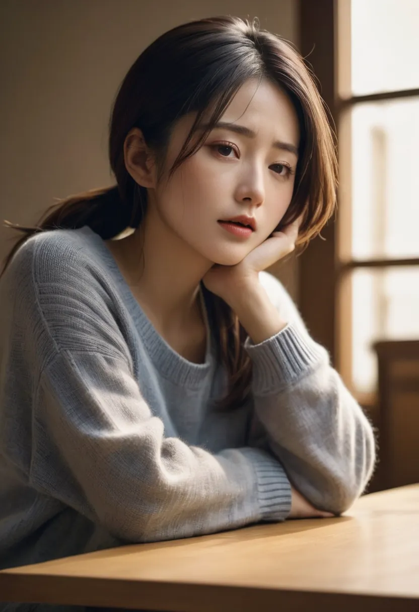 A young Japanese woman resting her chin on a wooden table, yawning sleepily in a dimly lit room.

Description:
She wears a loose, cozy sweater, her slightly messy hair framing her face. Her eyes are half-closed as she yawns, covering her mouth with one han...