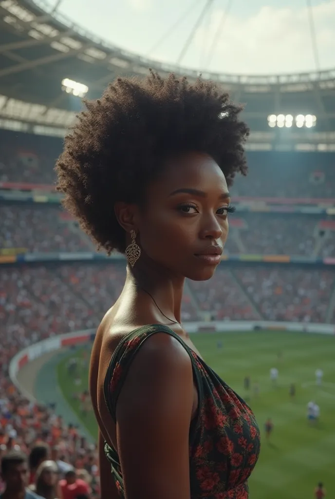 Black woman with afro in a stadium wearing a demure dress covering her shoulders as Juanca says