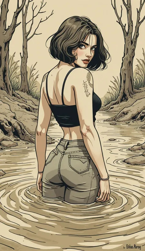  Masterpiece , vintage line graphics, stuck in a mud swamp,  mature diva hooker ,  cropped top, jeans , bob square,  turns around, orgasm