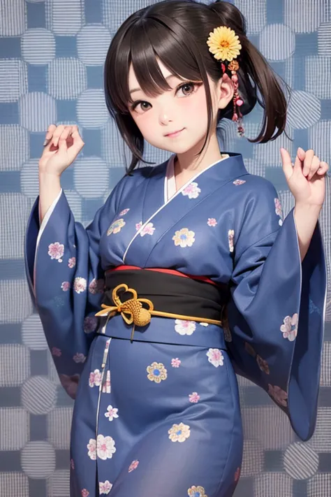 Round pattern yukata on a navy background