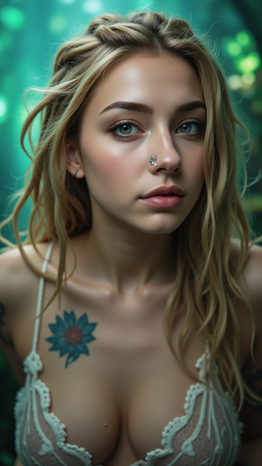 Ultra-realistic close-up portrait of a 23-year-old Polish woman with long, intricate blonde dreadlocks that flow dynamically around her face, some strands catching the light. Her piercing green-blue eyes are the focal point, filled with depth and intensity...