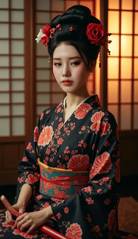 A graceful figure, adorned in an exquisite kimono featuring intricate floral patterns in rich reds and blacks, sits poised against a backdrop of delicate wooden shoji screens that softly diffuse warm, amber light. Her elaborate hairstyle is embellished wit...