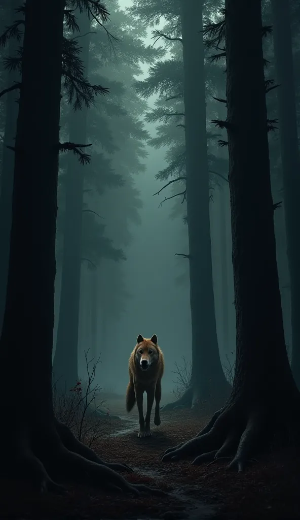 Background: The dark forest, now filled with the sound of the Brown wolf's whimpers. It turns and runs into the shadows, defeated. The trees stand tall and silent again, as if watching the battle end.