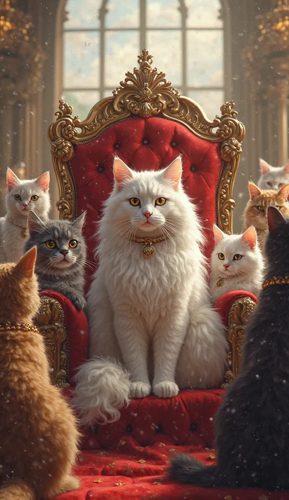 "Inside the grand cat palace, King Rajmew, a large white fluffy cat with piercing golden eyes, sits on a luxurious red velvet throne. Around him, a group of serious-looking cats of various breeds listen carefully as they discuss important matters. Some cat...