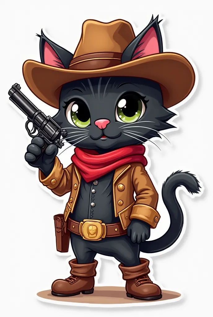 stickers, style cartoon, cute Super Deformed Character, white border, high quality, colorful, Detailed illustration of a black cat cowboy He holds a gun in his hand, awesome full color,