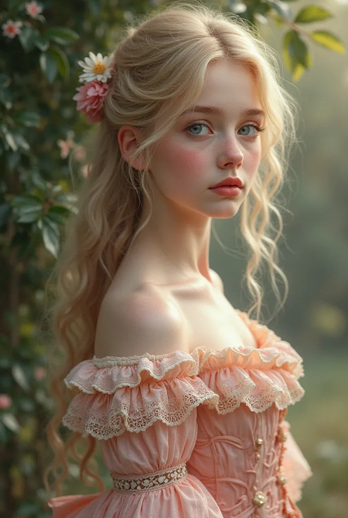 A girl with victorian pink clothes, blue eyes and blonde hair