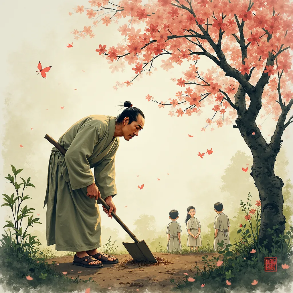 Silent Growth
Spring morning in vegetable garden, Yan Hui in simple cloth robe hoeing soil, sweat on forehead, tender sprouts shaped like Taoist symbols breaking through earth, cherry blossoms falling, distant scholars debating under pine tree, soft focus ...