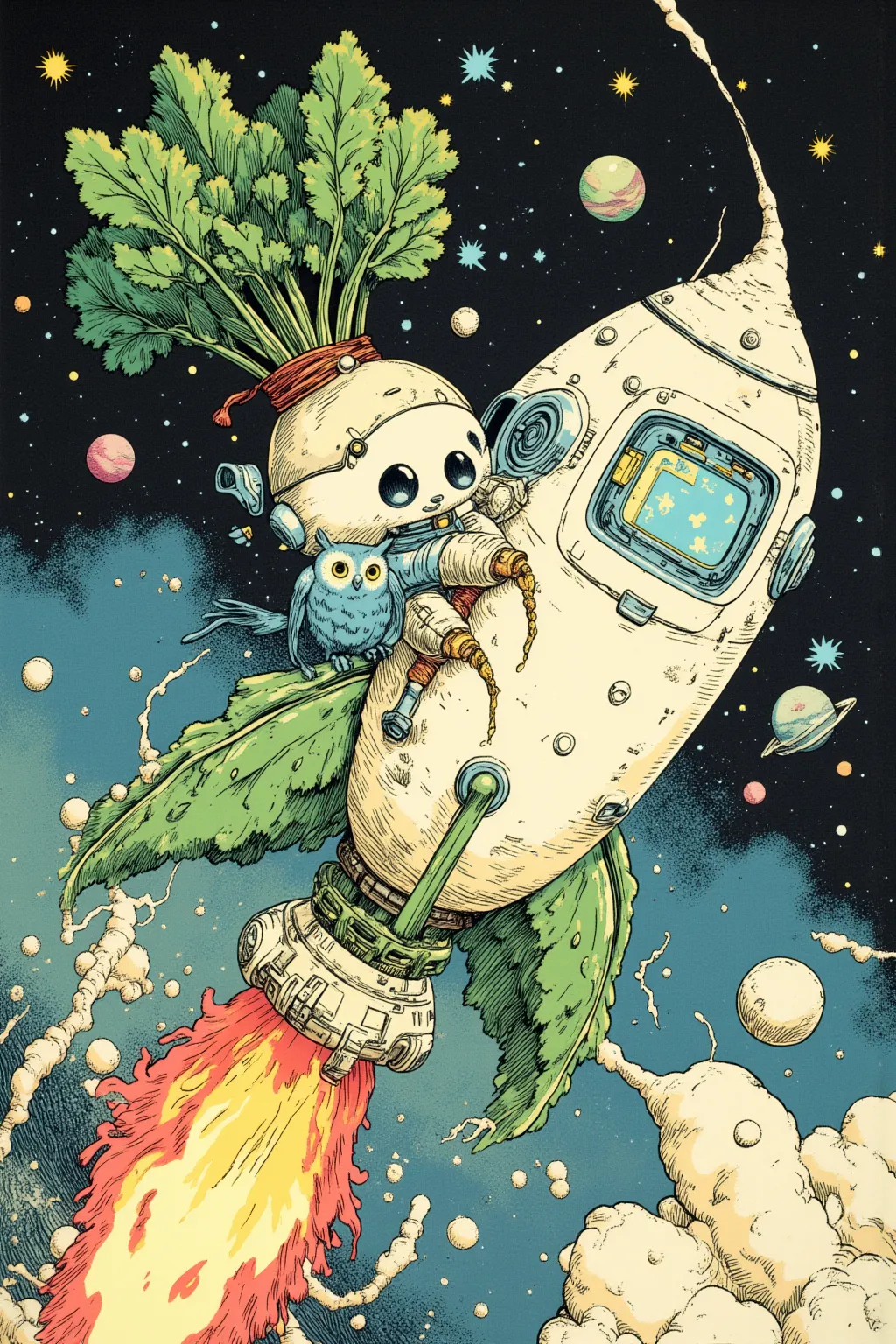 Picture of a chibiro riding a rocket-shaped spaceship with a daikon motif,A small robot 10cm tall with a rounded shape,The eyes of the LCD display,The radish-motif rocket has radish leaves arranged as nozzles,The white roots are the main part of the rocket...