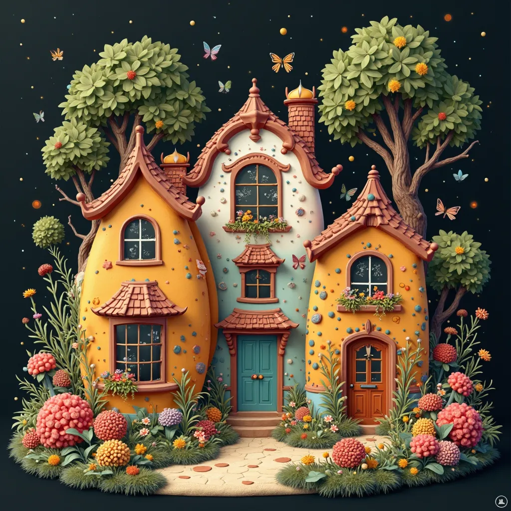 cartoon houses real estate properties with flowers with black and gold colors and background
