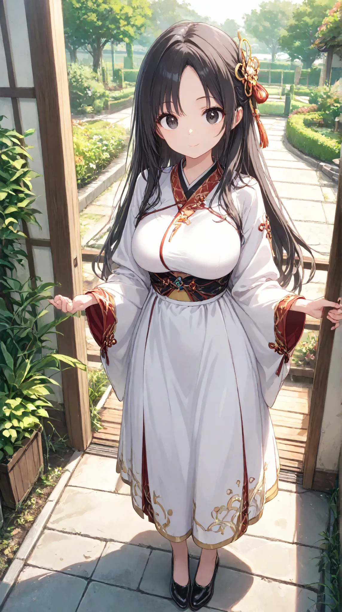 masterpiece,large breasts, long hair, (Black Hair 1.5) , bangs, （1 girl 1.5）,big eyes, Hair Ornaments , 18 years old、bust focus、watching viewers，full body,,cheerful, 、A-line skirt、wide sleeves、garden,coat