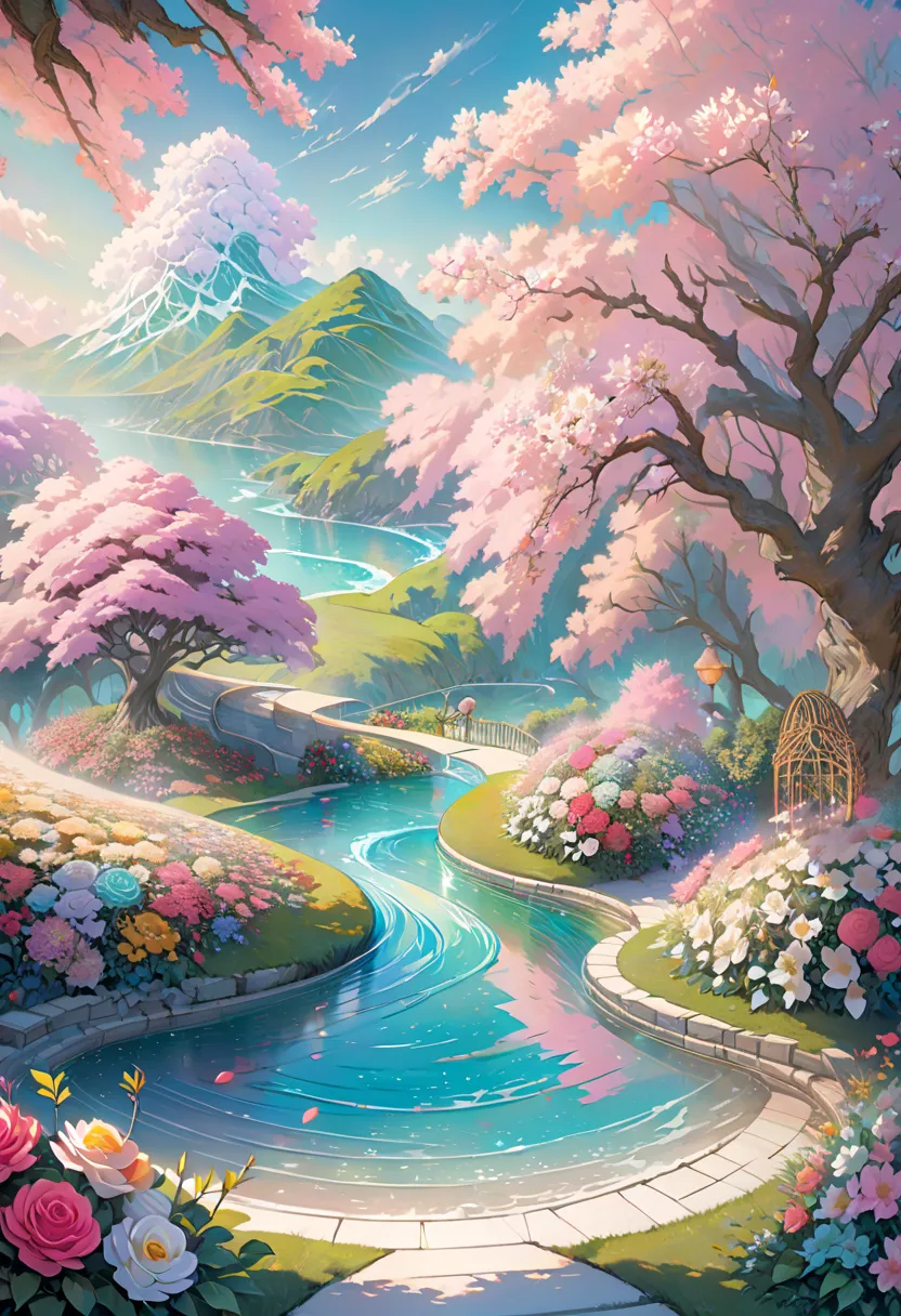  Whimsical Fantasy 、Elegant rose flower、botany、 minimalism、Wave of flowers、Flowing Flower、 hazy pastel pink floating garden, Aqua Green,  Pastel Apricots , Smoke Fractal, There is a good atmosphere、Very realistic flowers, octane rendering, Josephine Wall A...