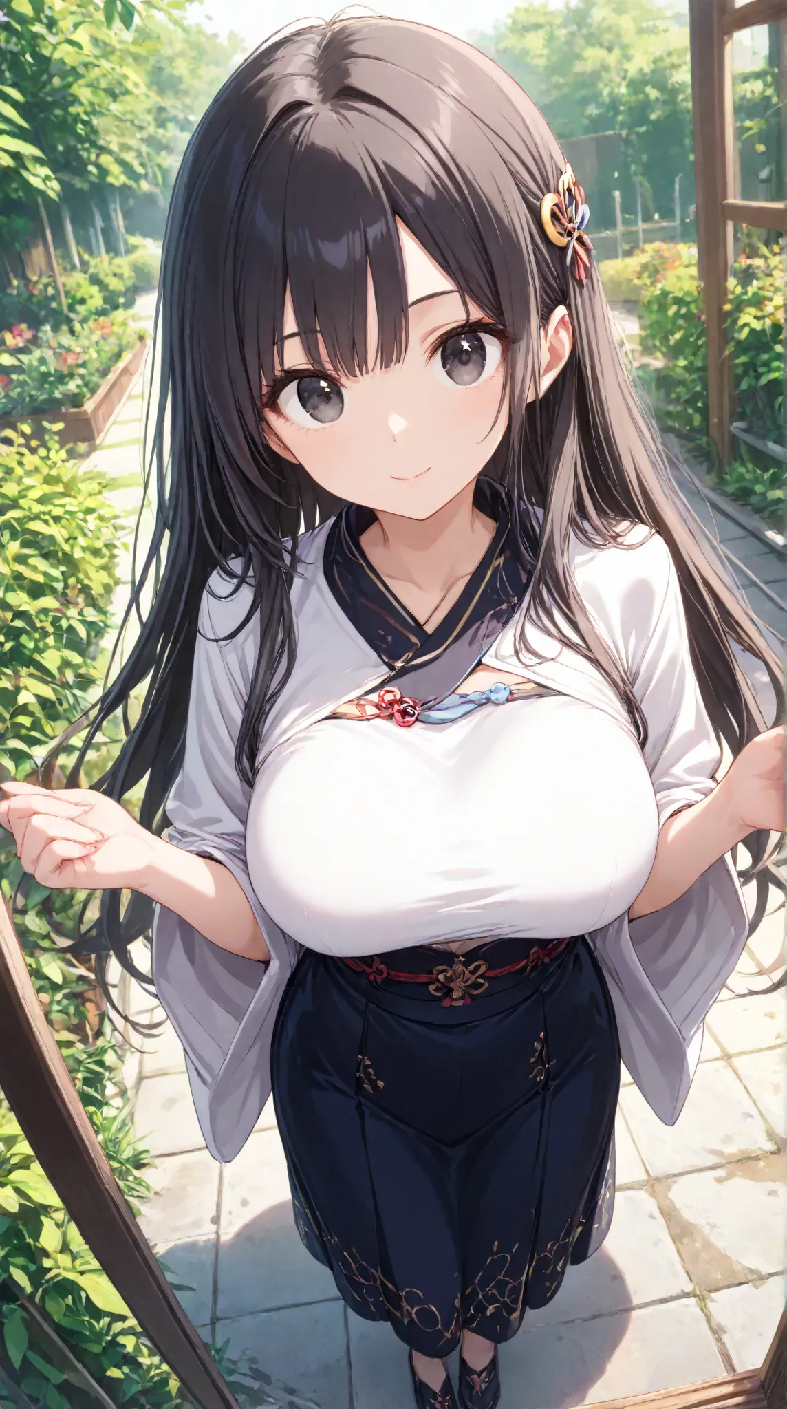 masterpiece,large breasts, long hair, (Black Hair 1.5) , bangs, （1 girl 1.5）,big eyes, Hair Ornaments , 18 years old、bust focus、watching viewers，full body,,cheerful, 、A-line skirt、wide sleeves、garden,coat