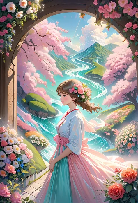  Whimsical Fantasy 、Elegant rose flower、botany、 minimalism、Wave of flowers、Flowing Flower、 hazy pastel pink floating garden, Aqua Green,  Pastel Apricots , Smoke Fractal, There is a good atmosphere、Very realistic flowers, octane rendering, Josephine Wall A...