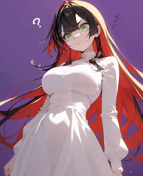 1 person,girl,Hair 3 colors, Yellow Hair, black hair, multi colour hair,red hair,Tomboy, long hair,in green eyes,with big breasts,cute look, long white dress,Long Sleeve Dress ,Big set, ghoul eyes,Sharp eyes,Fierce face,Sharp eyes,purple background,My,Conf...