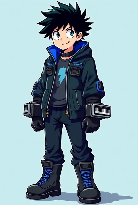  19-year-old boy ,  Whole body ( from head to toe), black hair,  kind face, black techno clothing with blue details, keyboard on the arm (futurist).  Boku style in Hero Academia.  Whole body (from your head to your legs, It is very important to see the who...