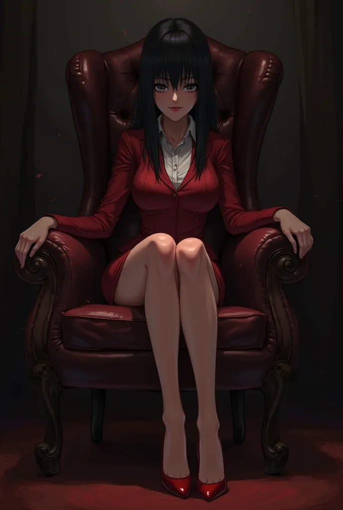 Beautiful anime adult woman with long straight black hair and gray eyes. She's wearing a tight red office suit and a tight red skirt. She is sitting in a leather chair and her legs are crossed, Are you wearing red high-heeled shoes. He's in his dark lair a...