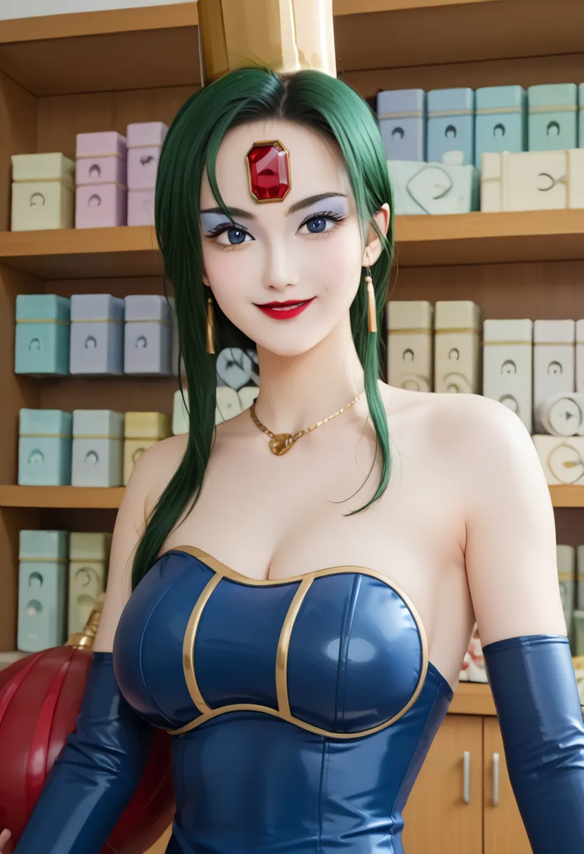 score_9,score_8_up  ,score_7_up  ,very beautiful lady,    Masterpiece,    Hi-Res,   raw photo, , realistic photo ,,1 girl, , slim , heavy makeup,   green hair,  white skin , Red gem on forehead, ,  red lipstick,   eyeshadow , very huge breasts,  blue eyes,...