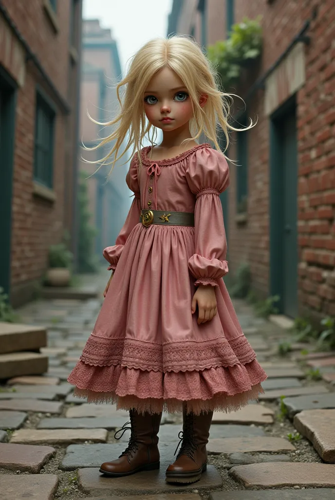 A poor girl with old victorian pink Clothes, with blonde hair and blue eyes