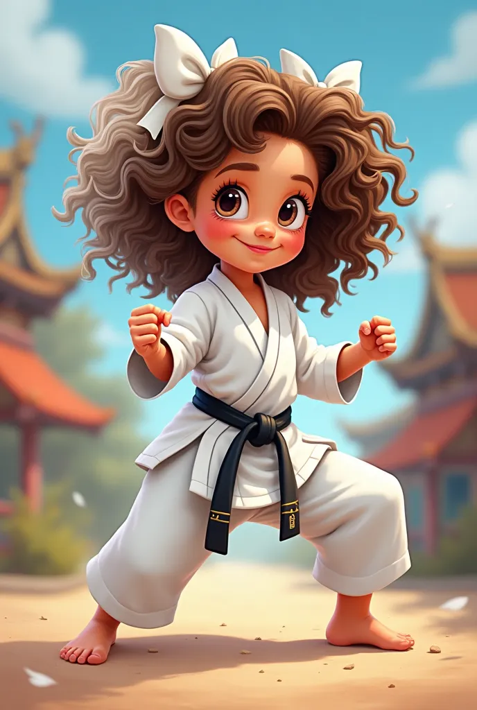 Disney animated style ,  with curly hair and two bows white and brown hair, dressed as a karateca and with a karateca pose.