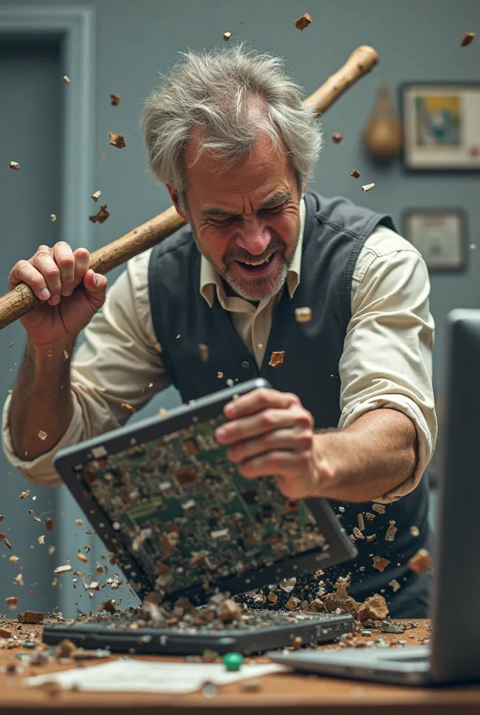 A middle-aged man smashing a netbook with a stick